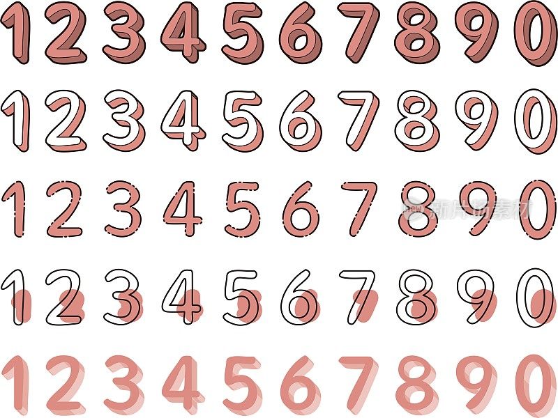一组红色数字，从0到9绘制在不同的风格/插图材料(矢量插图)